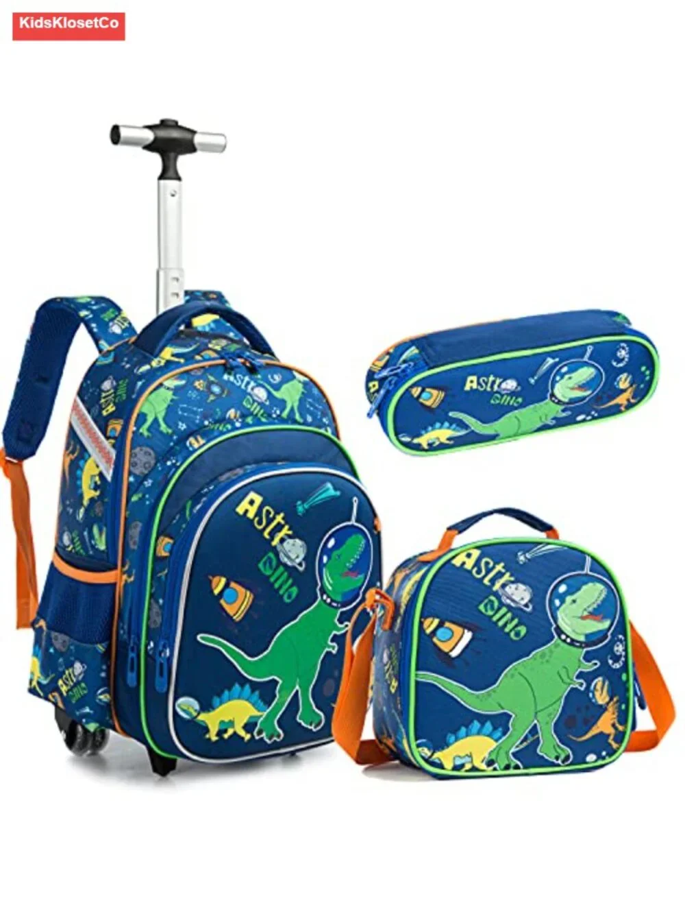 Kids Rolling Backpack with Wheels Dinosaur School Bag Lunch Box Trolley